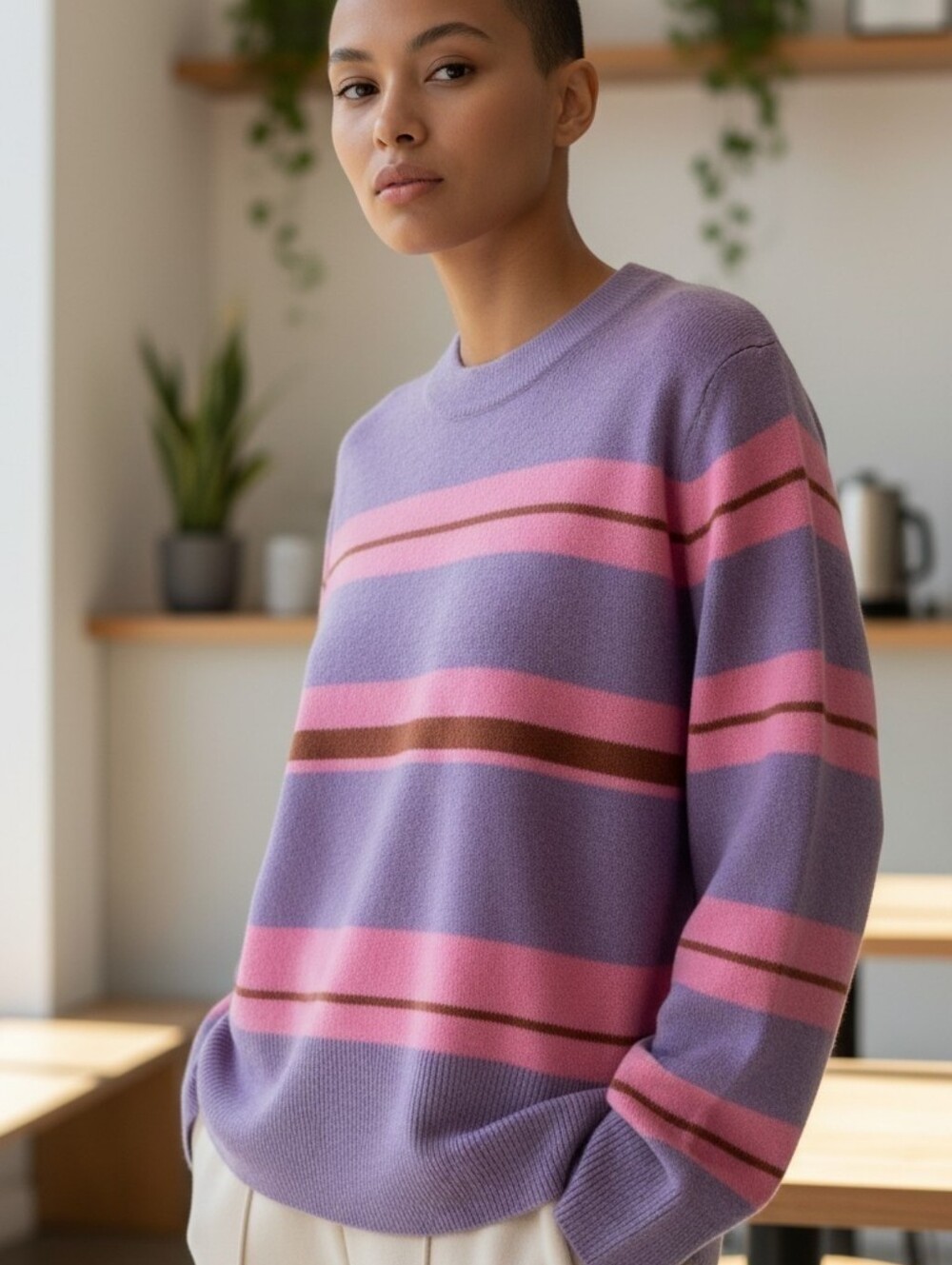 Lisa Todd Cashmerrme Striped Crewneck Sweater in Lavender and Pink